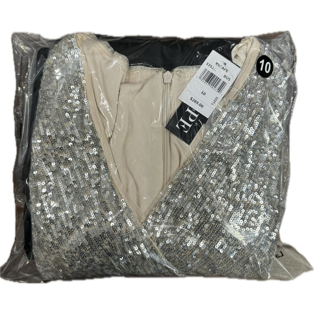 Xscape "Dixie" V-Neck Long Sleeve Sequin Top Waistband with Bow Gown Black 10 - Picture 3 of 3